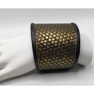Vintage Wide Cuff Bracelet Woven Metal Leather Edge Statement Cuff Artisan